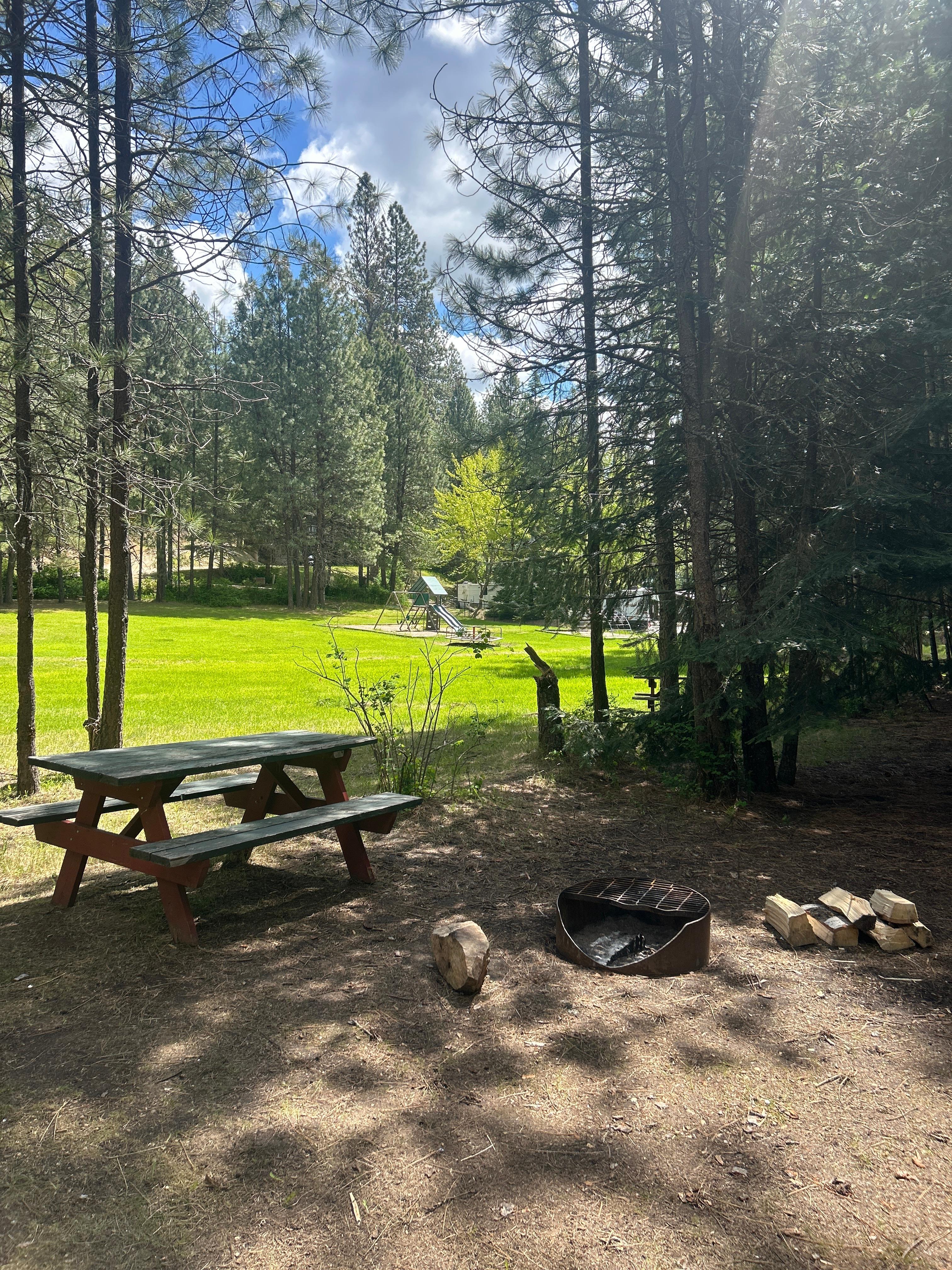 Prairie Cabins & Tent Sites - Camping site with picnic table, fire pit, and wooded setting